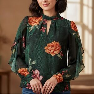 Marciano Guess Emerald Green Pink Floral Sheer Tunic Blouse Size XS